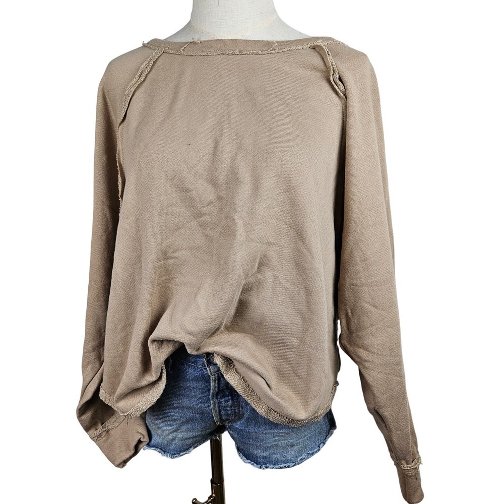 Bucket List‎ French Terry Oversized Sweatshirt M Tan Raw Seam Wide Neck